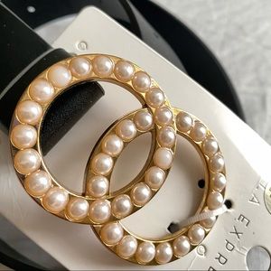 Black belt with faux pearl and gold buckle